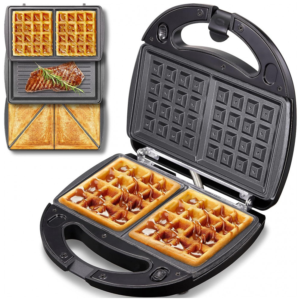 Máquina de Waffle Grelha Sanduíche Antiaderente Destacável, YABANO 3 em 1, Preto