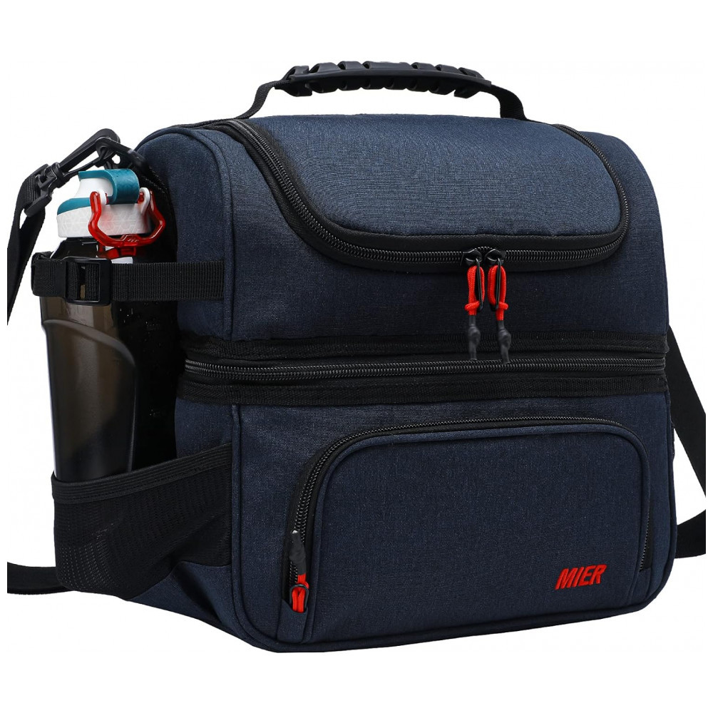 MIER Dual Compartment Lunch Bag Tote with Shoulder Strap for Men and Women Insulated Leakproof Cooler Bag, Dark Blue