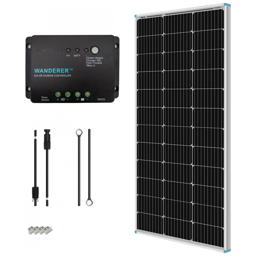 Painel Solar, Monocristalino, com controlador de carga, 100W, 12V, 1 painel, RENOGY KIT STARTER 100D, Preto