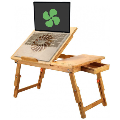 Mesa para laptop, ajustável, de bambu, com ventilador USB Bandeja dobrável para café da manhã com tampa de perna de gaveta, NNEWVANTE Bwz zs9F, Marrom Claro