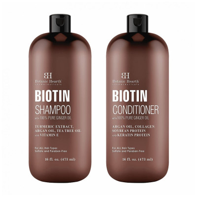 Shampoo e Condicionador de Biotina Óleo de Gengibre e Queratina para Queda 473ml, BOTANIC HEARTH, Marrom Escuro