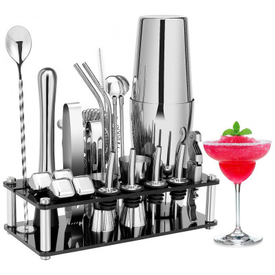 Cocktail Kit Bn Profissional 24 Peças em Aço Inoxidável com Suporte e Livro de Receitas, KINGROW, Prateado