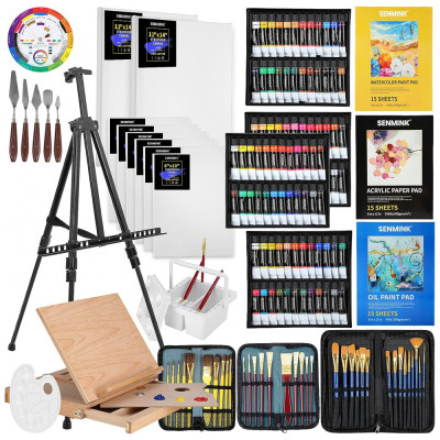 Deluxe Artist Kit de Pintura Profissional com Cavalete de Madeira, 149 Peças, SENMINK, Marrom