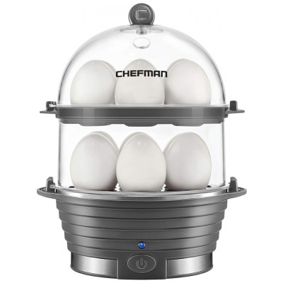 Cozedor de Ovos Elétrico com Duplo Andar para até 12 Ovos, CHEFMAN Electric Egg Cooker Boiler,, Cinza escuro