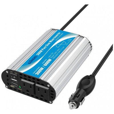 NDDI Inversor de Potência 300W 12V Para AC 2 Tomadas, 2 USB, 110v, GIANDEL PS 300B CAR, Prateado