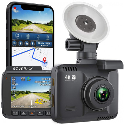 Câmera Veicular Full HD 2160p, com Visão Noturna, GPS, Gravação Ultra HD, Wi Fi, ROVE R2 4K, Preto