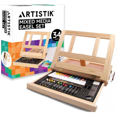 Mixed Media Art Set Kit de Pintura Profissional com Maleta de Madeira, 34 Peças, ARTISTIK, Marrom Claro