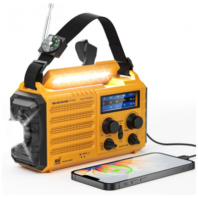 Rádio AM FM SW e NOAA 2000mAh Bateria Solar Manivela de Recarga Carregador USB, PPLEE CR1009, Amarelo
