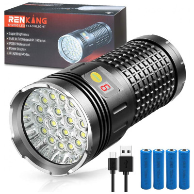 Lanterna 1000LM, 4 Modos de Luz, com USB, à Prova D IPX65, RENKING, Preto