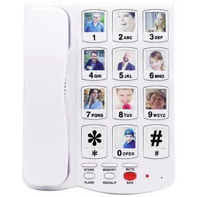 Telefone com Fio para Idosos com Tecla Grande, Imagens e SOS, 1 Ap, HEPESTER P 48, Branco