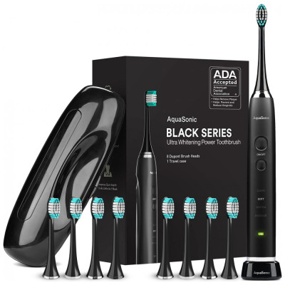 Escova de Dentes Ultra Whitening Black Series 8 Cabeças de Escova DuPont e Estojo de Viagem Incluído Ultra Sonic Motor 40,000 VPM e Carregamento Sem Fio 4 Modos w Temporizador Inteligente Escova de Dentes Elétrica Moderna, 110v, AQUASONIC SCTB, Preto