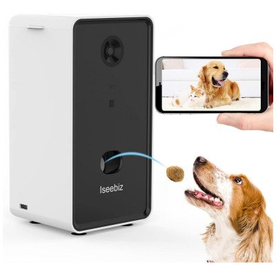 Câmera Inteligente com Dispensador de Petiscos para Cães Controle de Voz 1080P, ISEEBIZ T980, Preto