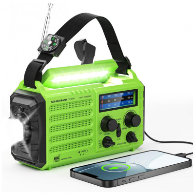 Rádio AM FM SW e NOAA 2000mAh Bateria Solar Manivela de Recarga Carregador USB, PPLEE CR1009, Verde