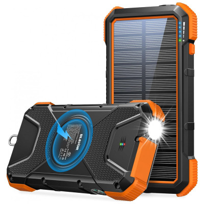 Powerbank Carregador Solar 18W, QC 3.0 Sem Fio 20000mAh Prova dágua LED Camping Nautica Bússola, BLAVOR, Laranja