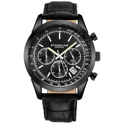 Mens Dress Watch Cronógrafo Relógio Analógico Mostrador com Data Taquímetro 24 Horas Subdial Mens Pulseira de Couro Relógios para Homens Coleção Rialto, STUHRLING 3975LM, Preto