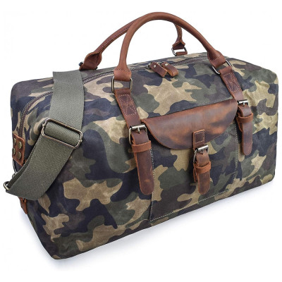 Bolsa de Viagem de Couro e Lona Impermeável Camuflada, NEWHEY 2056, Verde