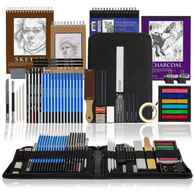 Kit de Lápis de Desenho Profissional com Papéis e Estojo, 54 Peças, U.S. ART SUPPLY, Preto