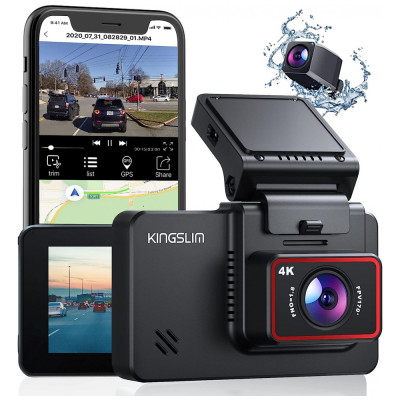 Câmera Veicular Frontal 4K, 2.5K 1080P com Wi Fi GPS com Tela Digital 170, suporta 256 GB, KINGSLIM D4, Preto