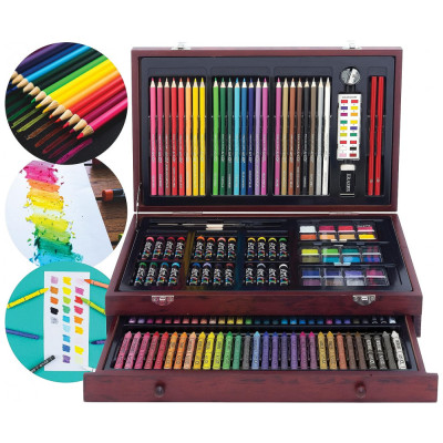 Kit Lápis de Cor Profissional com Maleta de Madeira 142 peças Tintas Acrílicas, Aquarela, ART 101 USA, Marrom