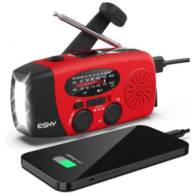 Rádio NOAA, AM, FM Lanterna Ristente a Água Manivela Solar Recarregável Carregador USB, ESKY ES CR01, Vermelho