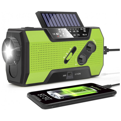 Rádio AM, FM, NOAA Manivela Solar Recarregável Lanterna Carregador de Celular USB Alarme SOS, RUNNINGSNAIL MD 090, Verde