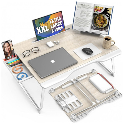 Mesa Mega XXL Extra Large Premium Build Mesa de cama dobrável, mesa de colo e mesa para laptop Gaveta, suporte para livros, muito espaço para as pernas carvalho branco, COOPER CASES CPR214OAK100