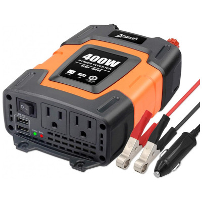 Inversor de Potência 400W DC 12V a AC 2 Tomadas, USB, 110v, AMPEAK IVUFA0100, Laranja