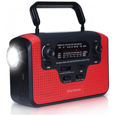 Rádio AM, FM, SW, WB, NOAA Manivela Solar Recarregável Sirene SOS MP3 Lanterna Carregador USB, IRONSNOW Radio IS388 Red, Vermelho