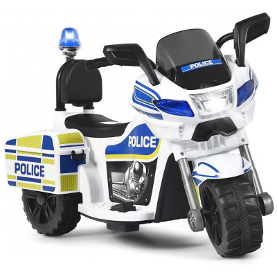 Moto Elétrica Policial Infantil 6V Recarregável com 3 Rodas, Música e Luzes, Branca, 3, COSTZON, Branco