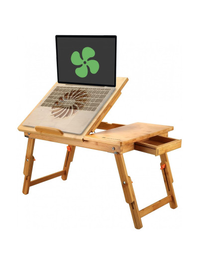 Mesa para laptop, ajustável, de bambu, com ventilador USB Bandeja dobrável para café da manhã com tampa de perna de gaveta, NNEWVANTE Bwz zs9F, Marrom Claro