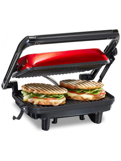 Sanduicheira com tampa de travamento, abre 180 graus para qualquer tamanho de sanduíche, antiaderentes,HAMILTON BEACH 25462Z, Vermelho