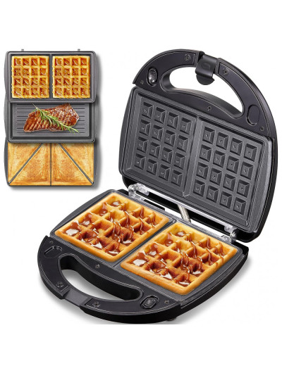 Máquina de Waffle Grelha Sanduíche Antiaderente Destacável, YABANO 3 em 1, Preto