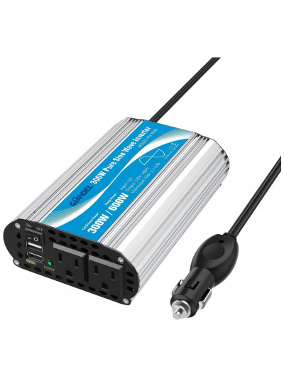 NDDI Inversor de Potência 300W 12V Para AC 2 Tomadas, 2 USB, 110v, GIANDEL PS 300B CAR, Prateado