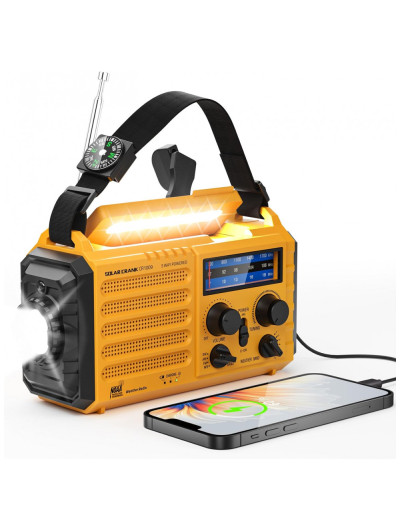 Rádio AM FM SW e NOAA 2000mAh Bateria Solar Manivela de Recarga Carregador USB, PPLEE CR1009, Amarelo
