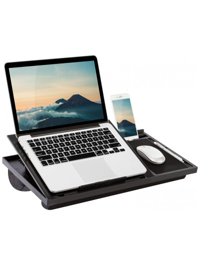 Suporte para laptop Ergo Pro, Mesa de colo com 20 ângulos ajustáveis, mouse pad e suporte para telefone preto, LAPGEAR 49408, Preto