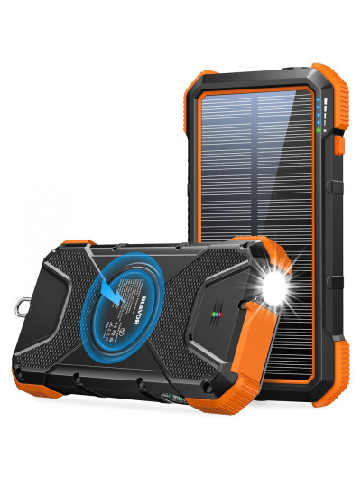Powerbank Carregador Solar 18W, QC 3.0 Sem Fio 20000mAh Prova dágua LED Camping Nautica Bússola, BLAVOR, Laranja