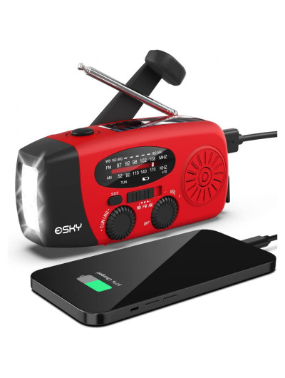 Rádio NOAA, AM, FM Lanterna Ristente a Água Manivela Solar Recarregável Carregador USB, ESKY ES CR01, Vermelho