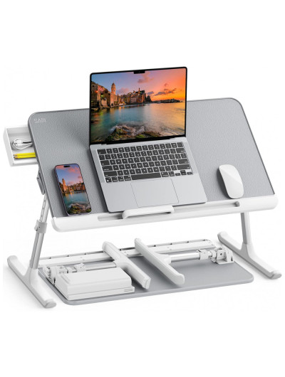 Mesa cama para laptop, ajustável, portátil de pé com gaveta de zenamento, dobrável para tablet cinza, SAIJI K7M G, Branco