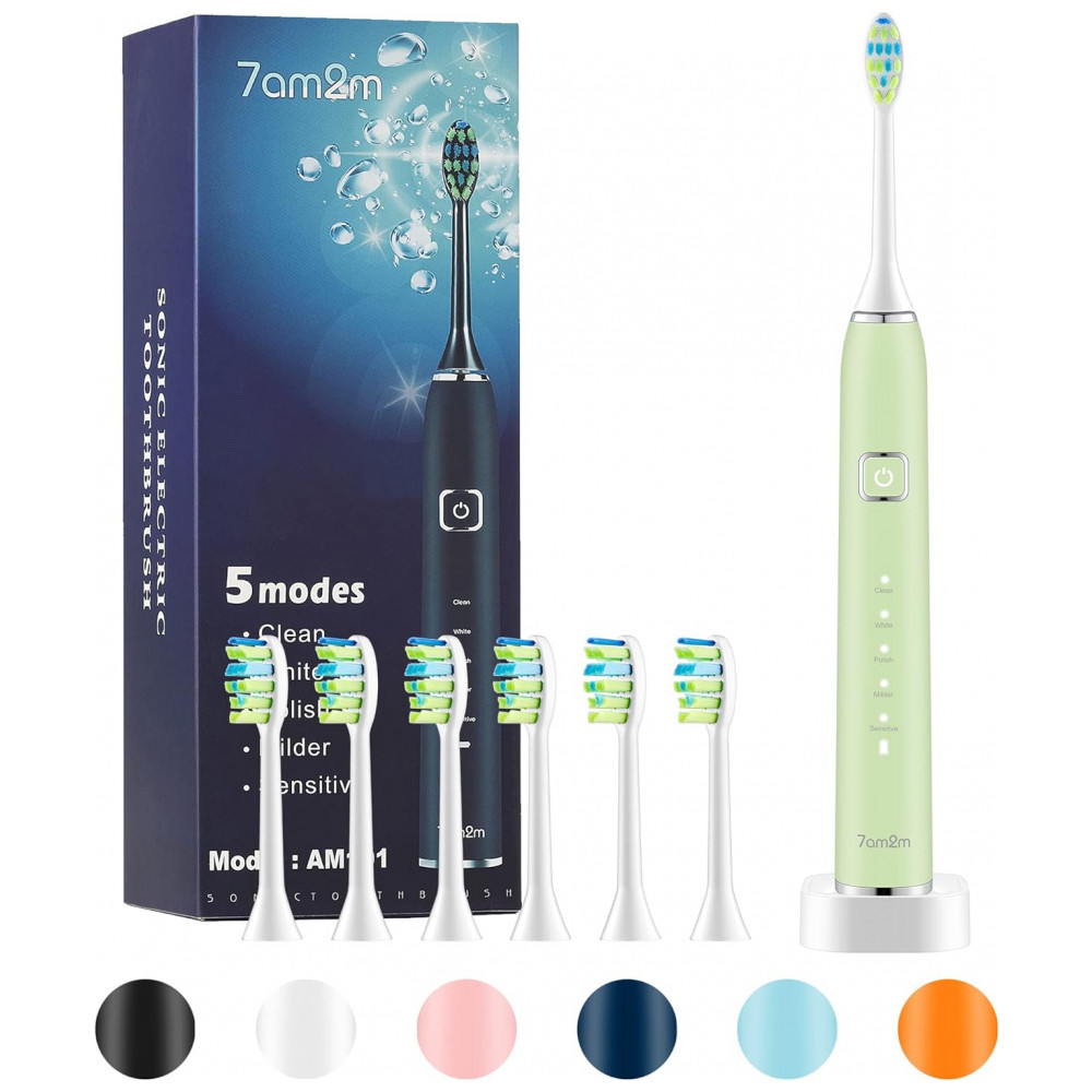 Escova de Dentes Elétrica Recarregável com 5 Modos e Temporizador, 7AM2M AM101, Verde