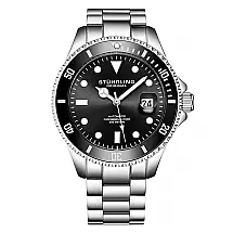 Relógio de Pulso Automático Stuhrling 42mm, Mostrador Preto e Pulseira de Aço Inoxidável Prateada