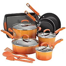Conjunto de Panelas e Frigideiras Antiaderentes Esmaltadas com Forma e Espátulas, 14 Peças, RACHAEL RAY 16222, Laranja