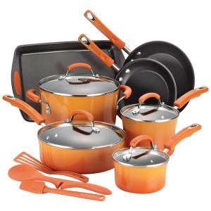 Conjunto de Panelas e Frigideiras Antiaderentes Esmaltadas com Forma e Espátulas, 14 Peças, RACHAEL RAY 16222, Laranja