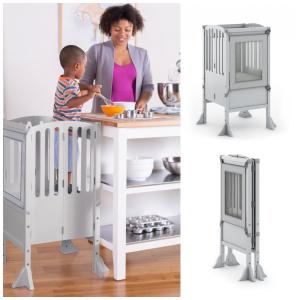 Banco auxiliar infantil dobrável Guidecraft Contemporary Kitchen Helper cinza em madeira ajustável para bancada de cozinha