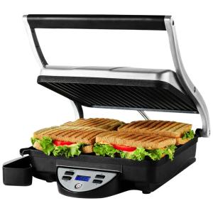 Sanduicheira, Panini, Dupla Antiaderente Ferro Fundido, Aço Inoxidável, 4 Fatias, 1500W, 110v, OVENTE GP1000BR, Prateado