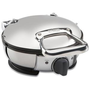 Máquina de waffles redonda clássica em aço inoxidável totalmente revestida com 7 configurações de escurecimento, 4 seções, prata