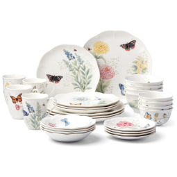 Conjunto de Aparelho de Jantar com 28 Peças, Tema de Borboletas, Material de Porcelana e Formato Redondo, Lenox 865075, Branco Colorido