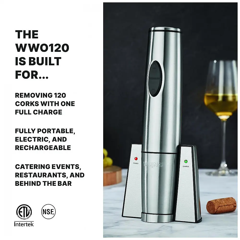 Abridor de Vinho Elétrico Recarregável e Portátil, Aço Inoxidável, WARING WWO120, Prateado — foto 2
