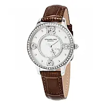 Relógio Stuhrling Moda Chique 760 com Mostrador Prateado, Pulseira de Couro Marrom Escuro e Fivela Tang - 36mm de Diâmetro.