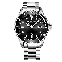 Relógio Automático Stuhrling Depthmaster 42mm, Mostrador Preto, Pulseira Aço Inoxidável Prateado