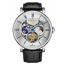 Relógio Automático Dual Time Majestic 47mm com Mostrador Prateado, Pulseira Preta e Moldura Prateada da Stuhrling.